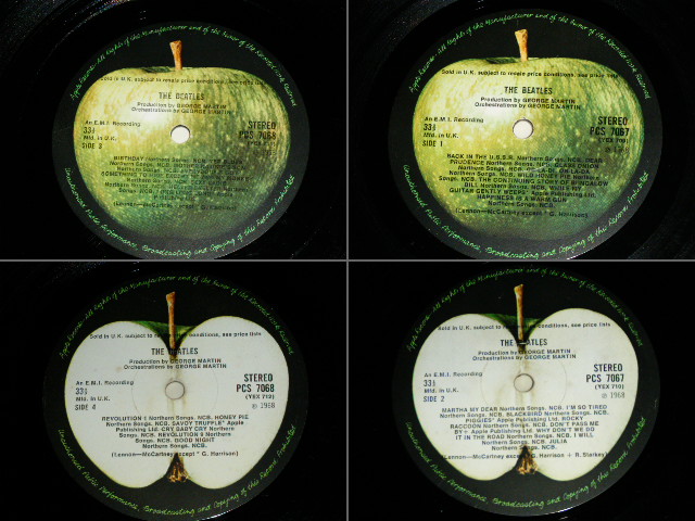 画像:  BEATLES  - THE BEATLES ( WHITE ALBUM) (Matrix #1)YEX 709-1   4 HH 2)YEX 710-1  2 GRO 3)YEX 711-1  1 M 4)YEX 712-1  1 AH)(No.0384903) (Ex+/Ex+ Looks:Ex-) / 1968 UK ENGLAND ORIGINAL TOP LOARDED / TOPOPEN "2nd Press 'An E.M.I. Recording' Credit Label" STEREO Used 2 LP ALL Inserts (4 x Pics & 1 x Poster)  