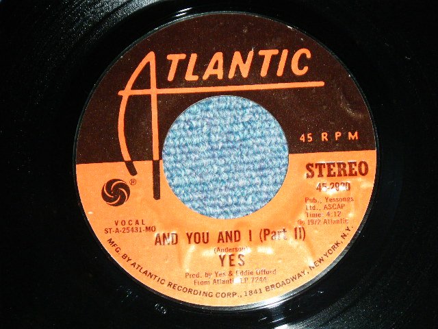 画像: YEST - AND YOU AND I / 1972 US ORIGINAL Used 7" Single 