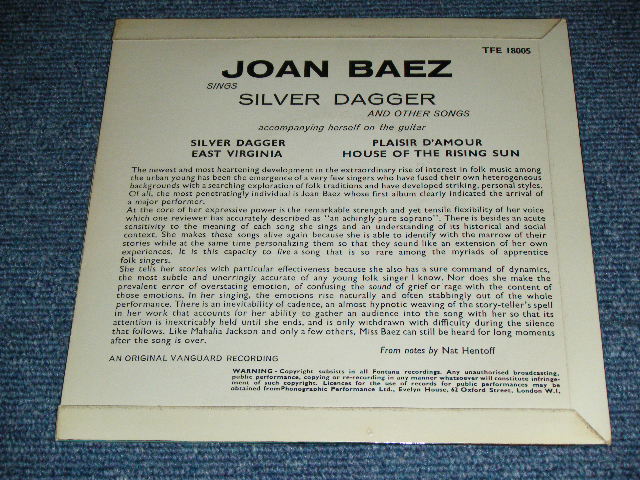 画像: JOAN BAEZ - Sings SILVER DAGGER & Other songs / 1960 UK ORIGINAL Used 7" inch EP With PICTURE SLEEVE 