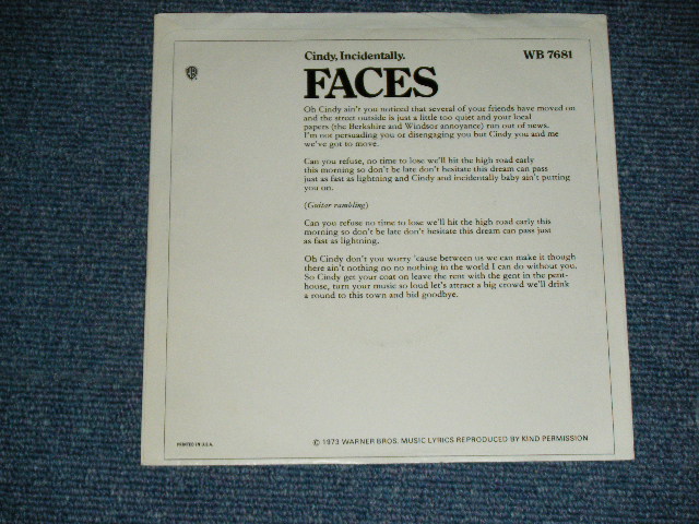 画像: FACES - CINDY IN CIDENTALLY / 1972 US AMERICA ORIGINAL PROMO Only SAME Flip MONO-STEREO Used 7" Single With PICTURE SLEEVE 