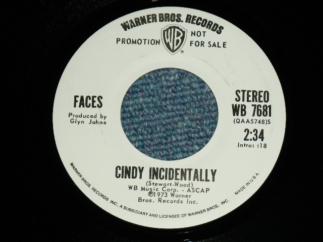 画像: FACES - CINDY IN CIDENTALLY / 1972 US AMERICA ORIGINAL PROMO Only SAME Flip MONO-STEREO Used 7" Single With PICTURE SLEEVE 