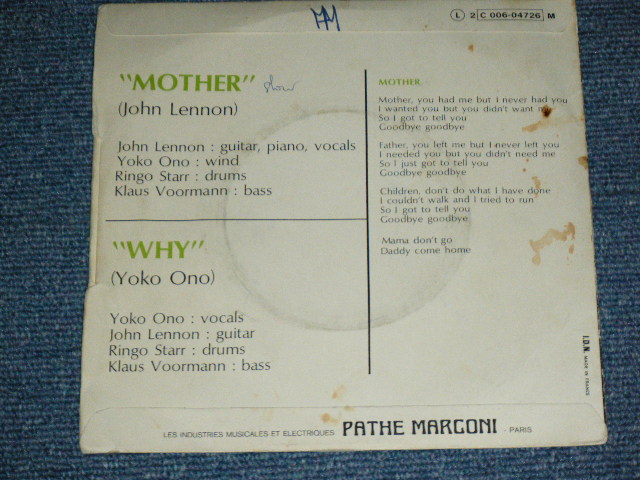 画像: JOHN LENNON of THE BEATLES -  MOTHER ( Ex/Ex+) / 1970  FRANCE ORIGINAL Used 7" Single  With PICTURE SLEEVE