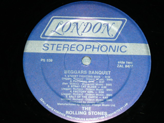 画像:  THE ROLLING STONES - BEGGARS BANQUET ( MATRIX # A) B-1 ZAL-8476-1  /B) C-1 ZAL-8477-1 : Ex+++/MINT- ) / LATE 1970's US ORIGINAL Reissue  Non-Credit Back Cover  Used LP 