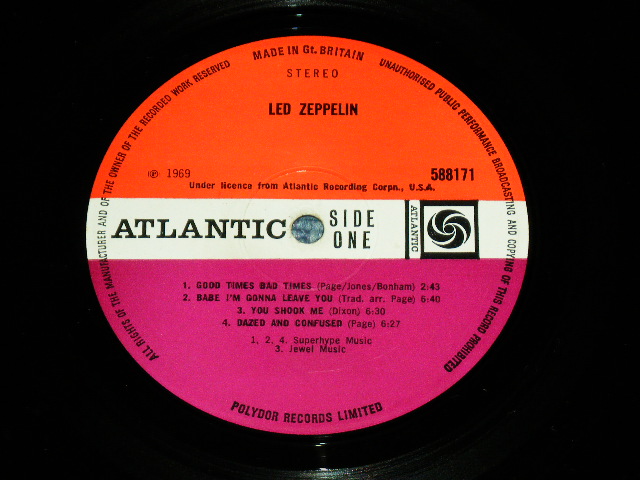 画像: LED ZEPPELIN - LED ZEPPELIN I ( 1st Press TURQUOISE Sleeve )( Matrix Number A) 588171 A//1 : B) 588171 B//1 Uncorrected NUMBER) (Ex/Ex++)  / 1969 UK ENGLAND ORIGINAL 1st Press "RED & PLUM Label" Used L