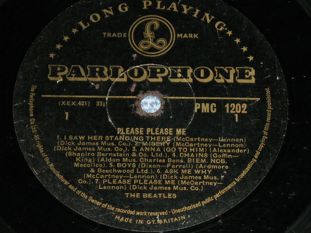 画像: THE BEATLES - PLEASE PLEASE ME (GOLD & BLACK Label) (1st Press "DICK JAMES MUS.CO.") (2nd Press FRONT COVER "Photos: Angus McBean" PLACE) (Matrix #A)XEX-421-1N  1 A B)XEX-421-1N  1 M) (Ex+++/Ex++) / 1963 UK ENGLAND ORIGINAL "GOLD PARLOPHONE Label" MONO Used LP