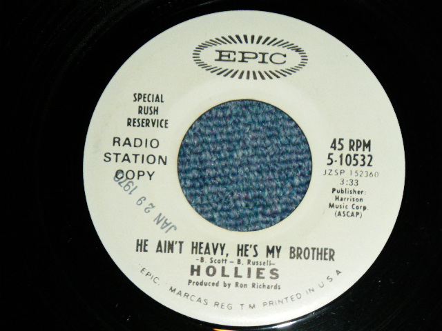 画像: THE HOLLIES - THE AIN'T HEAVY,HE'S MY BROTHER ( Ex+/Ex++ ) / 1970 US AMERICA "PROMO ONLY" Used 7" Single 