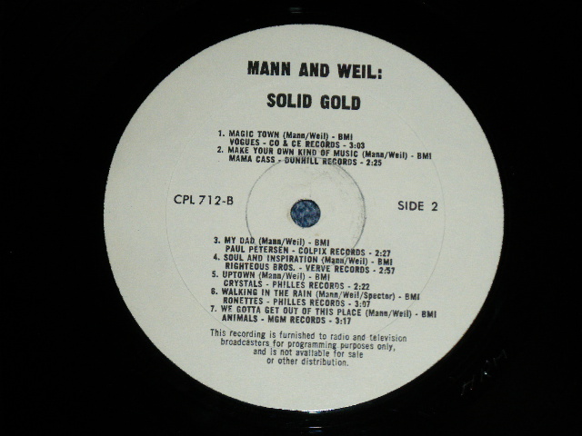 画像: v.a. OMNIBUS (TONY ORLANDO,CRYSTALS,PAUL REVERE and The RAIDERS,B.J.THOMAS,GENE PITNEY,DUSTY SPRINGFIELD,VOGUES,MAMA CASS,PAUL PETERSEN,RIGHTEOUS BROTHERS,RONETTES,ANIMALS) ) - BARRY MANN and CYNTHIA WEIL  : SOLID GOLD (Ex-/Ex++ ) / 1971 US AMERICA ORIGINAL  "PROMO ONLY" Used LP 