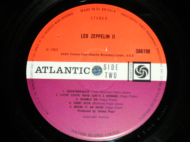 画像:  LED ZEPPELIN -  II ( Matrix Number A) 588 198 A▽2 1/B//5 1 1 : non/Ex++)  / 1969 UK ENGLAND ORIGINAL  Used LP  NO JACKET 
