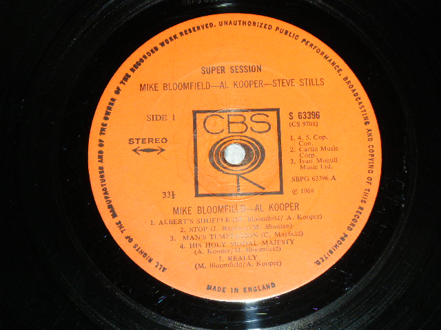 画像: MIKE BLOOMFIELD + AL KOOPER + STEVE STILLS - SUPER SESSION (Matrix # A:A1 /B:B1 : Ex, VG+++/Ex- Looks:VG++ ) / 1968 UK ENGLAND  ORIGINAL  Used LP 