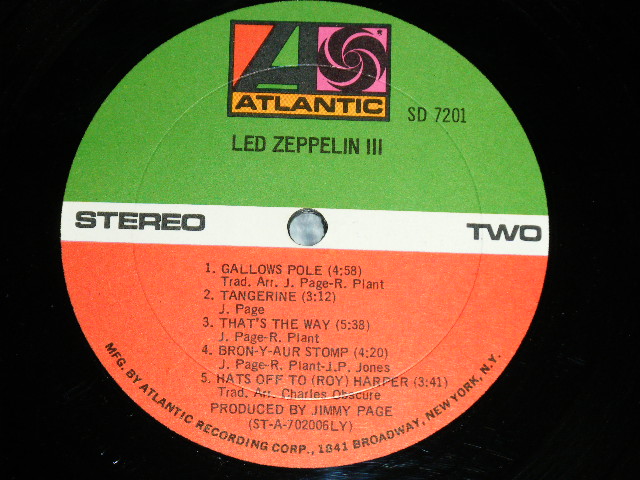 画像: LED ZEPPELIN -  III ("LY" at BottomLabel) (Matrix #   A)ST-A-702005-B  △ (1) one Mastercraft PR 2 -Do What Thou Wilt- AT  B)ST-A-702006-A  (2)two Mastercraft PR  -Do What Thou Wilt- AT) (  Ex+/Ex++)  / 1970 US ORIGINAL "1st Press '1841 BROADWAY' Label"  Used LP 