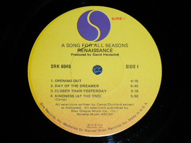 画像: RENAISSANCE - A SONG FOR ALL SEASONS ( Ex+++/MINT- ) / 1978  US AMERICA ORIGINAL  Used LP 