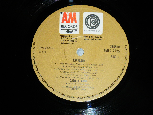 画像: CAROLE KING - TAPESTRY( Matrix # AMLS-2025 A-2△G/AMLS-2025 B-2△G) (Ex++/Ex++) / 1971 UK ENGLAND  ORIGINAL 1st Press "BROWN Label" Used LP