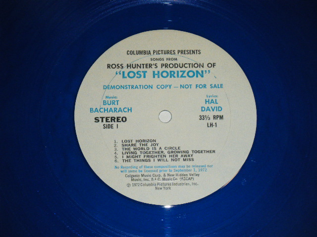 画像: ost (BURT BACHARACH & HAL DAVID) "LOST HORIZON"   ( PROMO ONLY "DEMONSTRATION COPY" ;Ex+++/MINT- )  / 1972 US AMERICA ORIGINAL "PROMO ONLY" "BLUE WAX Vinyl" Used LP 