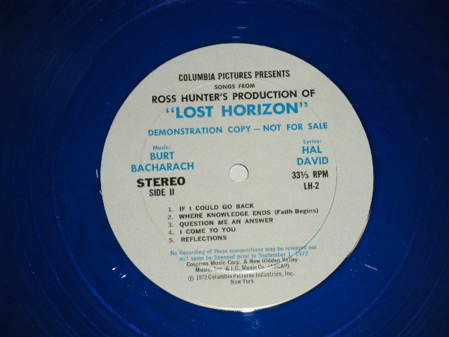 画像: ost (BURT BACHARACH & HAL DAVID) "LOST HORIZON"   ( PROMO ONLY "DEMONSTRATION COPY" ;Ex+++/MINT- )  / 1972 US AMERICA ORIGINAL "PROMO ONLY" "BLUE WAX Vinyl" Used LP 