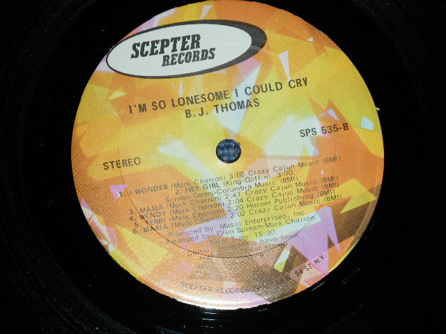 画像: B.J.THOMAS - I'M SO LONESOME I COULD CRY  ( Ex+++,Ex+/MINT- ) / 1966  US AMERICA 2nd Press Label STEREO Used LP