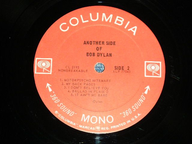 画像: BOB DYLAN - ANOTHER SIDE OF BOB DYLAN ( Matrix #A)0 XLP 77042 2D B)0 XLP 77043 2D) "PITMAN Press in NJ" (Ex-/Ex/VG+++ Looks:Ex) /  1965 Version US ORIGINAL 2nd Press WHITE "360 SOUND Label" MONO Used LP