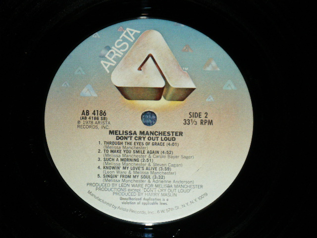 画像: MELISSA MANCHESTER - DON'T CRY OUT LOUD ( Ex+/Ex+++) / 1978 US AMERICA  ORIGINAL "PROMO" Used LP 