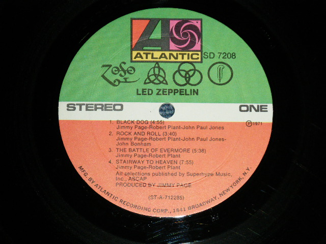 画像: LED ZEPPELIN - IV ( Matrix Number A)ST-A-712285-E ATAGP △16345(3)  PR PORKY/B)ST-A-712286-E  PECKOBUCK  ATIBP  △16345-x (4) : Ex-/Ex )  / 1970 US ORIGINAL 1st Press  '1841 BROADWAY' Label Used LP With Original Inner sleeve