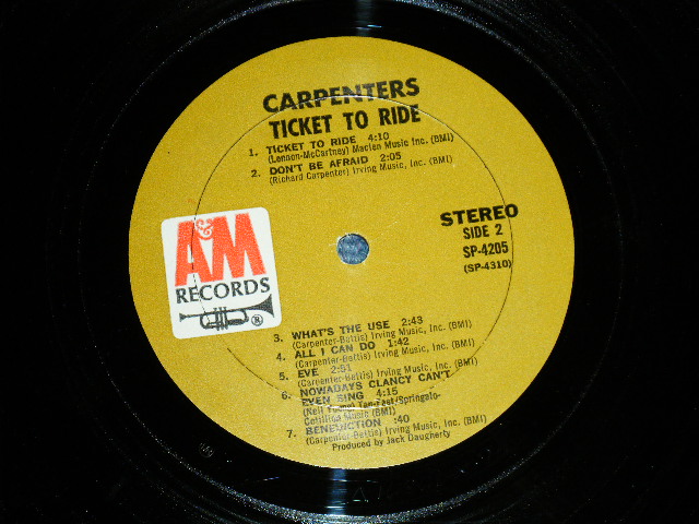 画像: CARPENTERS - TICKET TO RIDE ( DEBUT ALBUM  : Reissue of OFFERING ) ( Matrix # A) (RE-1)-M2  REPL △16869 / B) (RE-1)-M3 REPL  △16869x  )(Ex-/Ex+++,Ex) / 1970 Version US BROWN Label   Used  LP 