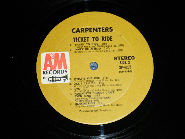 画像: CARPENTERS - TICKET TO RIDE ( DEBUT ALBUM  : Reissue of OFFERING ) ( Matrix # A) (RE-1)-M1 △16869 (7)/ B) (RE-1)-M2 △16869x  )(Ex++/MINT-) / 1970 Version US BROWN Label   Used  LP 