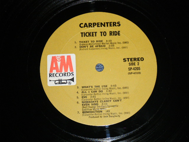 画像: CARPENTERS - TICKET TO RIDE ( DEBUT ALBUM  : Reissue of OFFERING ) ( Matrix # A) (RE-1)-M1 △13936(7) /B) (RE-1)-16 △13936-x )(Ex++/Ex) / 1970 Version US BROWN Label   Used  LP 