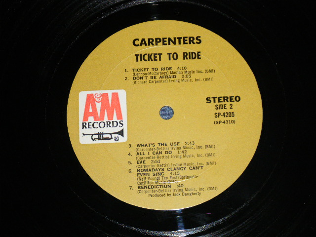 画像: CARPENTERS - TICKET TO RIDE ( DEBUT ALBUM  : Reissue of OFFERING ) ( Matrix # A) (RE-1)-M1 △13936(7) /B) (RE-1)-16 △13936-x )(Ex++/Ex) / 1970 Version US BROWN Label   Used  LP 