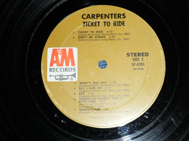 画像: CARPENTERS - TICKET TO RIDE ( DEBUT ALBUM  : Reissue of OFFERING ) ( Matrix # A) (RE-1)-M1 △13936(7) /B) (RE-1)-16 △13936-x(1) (Ex-/Ex) / 1970 Version US BROWN Label   Used  LP 