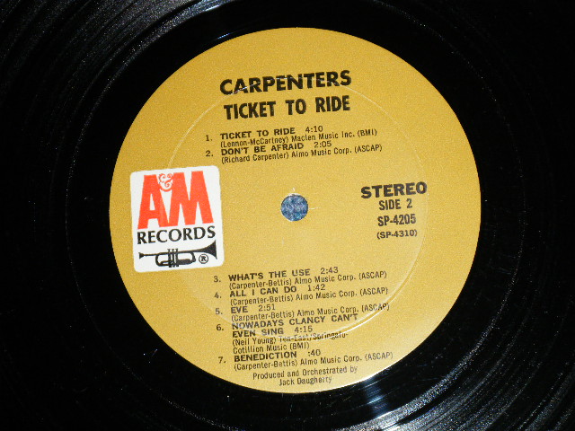 画像: CARPENTERS - TICKET TO RIDE ( DEBUT ALBUM  : Reissue of OFFERING ) ( Matrix # A) (RE-1)-M2  REPL △16869 (1)/ B) (RE-1)-16 △16869x  )(Ex++/Ex+++) / 1970 Version US BROWN Label   Used  LP 