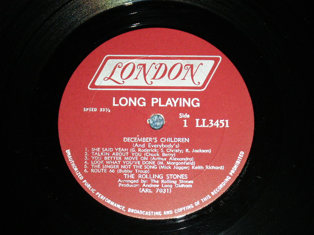 画像: ROLLING STONES - DECEMBER'S CHILDREN (Matrix #  A) ARL-7031-3      B) ARL-7032-3 ) (Ex++/Ex++ Looks:Ex++ EDSP)  / 1965 US AMERICA ORIGINAL 1st Press "MAROON with Un-Boxed 'LONDON' Label"  MONO  Used LP