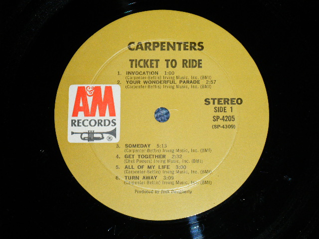 画像: CARPENTERS - TICKET TO RIDE ( DEBUT ALBUM  : Reissue of OFFERING ) ( Matrix # A) (RE-1)-M1 △16869 (7)/ B) (RE-1)-M2 △16869x  )(Ex++/MINT-) / 1970 Version US BROWN Label   Used  LP 