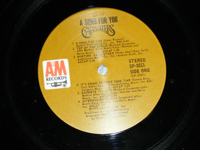 画像: CARPENTERS - A SONG FOR YOU ( Matrix No. SP-3531-S1 / SP-3531-S2)(Ex+++/MINT- ) With ORIGINAL INNER SLEEVE /  1972 US AMERICA ORIGINAL "BROWN LABEL"  Used  LP 