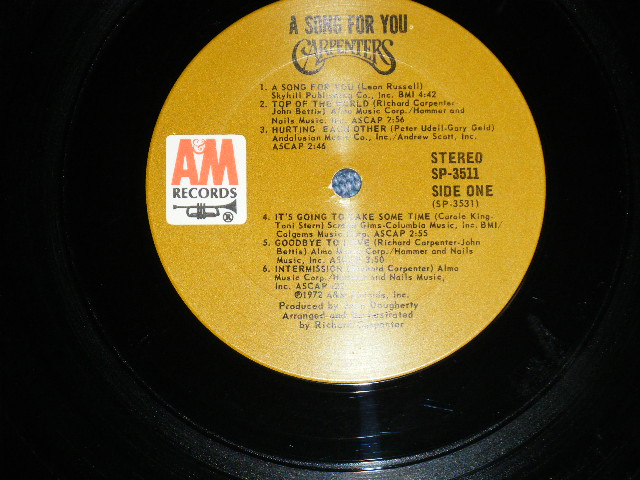 画像: CARPENTERS - A SONG FOR YOU ( Matrix No. SP-3531-S1 / SP-3531-S1)(Ex++/Ex+++ ) With ORIGINAL INNER SLEEVE /  1972 US AMERICA ORIGINAL "BROWN LABEL"  Used  LP 