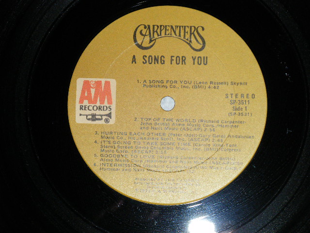 画像: CARPENTERS - A SONG FOR YOU ( Matrix No. SP-3531-T1 / SP-3531-T1)(Ex+++/Ex+++ ) /  1972 US AMERICA ORIGINAL "BROWN LABEL"  Used  LP 