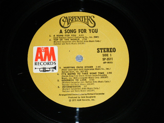 画像: CARPENTERS - A SONG FOR YOU ( Matrix No. SP-3531-M6 REPL △17176/ SP-3531-M2 REPL △17176-x)(Ex+++/MINT- ) With ORIGINAL INNER SLEEVE  /  1972 US AMERICA 2nd Press "Large TITLE Logo" "BROWN LABEL"  Used  LP 