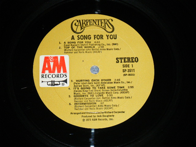 画像: CARPENTERS - A SONG FOR YOU (Matrix #A) SP-3531-M6 MR REPL △17176   B)SP-3531-M2 MR REPL △17176-x) "MR/MONARCH Press in CA" (Ex+/Ex+++) With ORIGINAL INNER SLEEVE  /  1972 US AMERICA 2nd Press "Large TITLE Logo" "BROWN LABEL"  Used  LP 