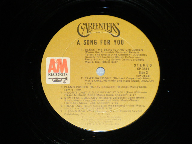 画像: CARPENTERS - A SONG FOR YOU ( Matrix No. SP-3531-T1 / SP-3531-T1)(Ex+++/Ex+++ ) /  1972 US AMERICA ORIGINAL "BROWN LABEL"  Used  LP 