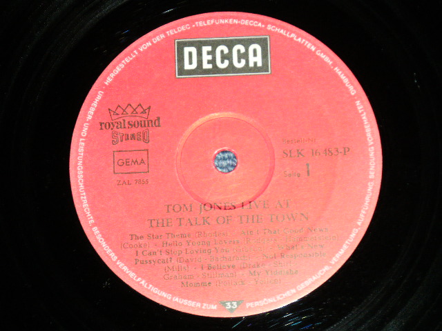 画像: TOM JONES - AT THE TALK OF THE TOWN  ( Ex++/Ex+++ Looks:Ex ) / 1970's WEST GERMANY GERMAN "RED Label With Boxed DECCA" Used LP 