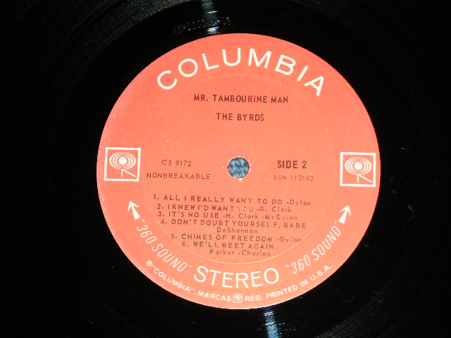 画像: 's THE BYRDS - MR.TAMBOURINE MAN (Matrix #A)0 XSM 110181-1A B)0 XSM 110182-1E) "JACKSONVILLE Press in ILLINOIS"(Ex+/Ex++WOBC) / 1965 US AMERICA ORIGINAL 1st Press RARE "360 SOUND IN black  Label" STEREO Used LP 