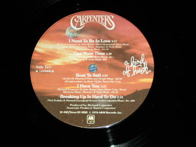 画像: CARPENTERS - A KIND OF HUSH  ( Matrix No. R 140968A 2/   R 140968B 1/ )( Ex++/MINT- ) With  ORIGINAL INNER SLEEVE  /  1976 US AMERICA ORIGINAL "2nd Press Label" Used  LP 