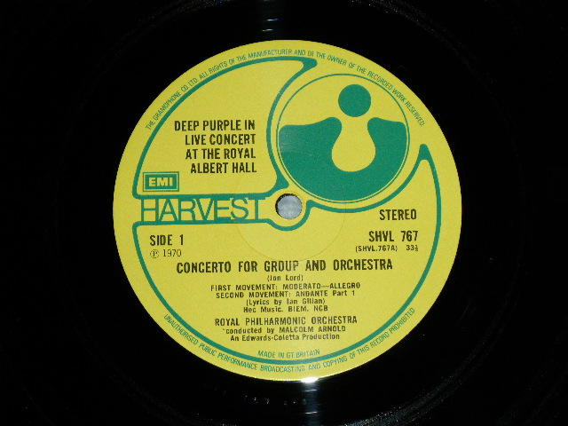 画像: DEEP PURPLE The ROYAL PHILHARMONIC Orchestra Conducted by MALCOLM ARNOLD - DEEP PURPLE The ROYAL PHILHARMONIC Orchestra Conducted by MALCOLM ARNOLD: IN LIVE AT THE ROYAL ALBERT HALL : CONCERTO FOR GROUP AND ORCHESTRA ( Matrix # A-1/B-1 ) ( Ex++/Ex++ B-1:Ex )  / 1970 UK ENGLAND ORIGINAL HARVEST Used  LP 