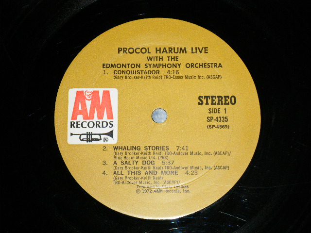 画像: PROCOL HARUM -  LIVE IN CONCERT with EDOMONTON SYMPHONEY ORCHESTRA  ( Matrix # A) A&M SP 4569-M2- 1X　△16921(5)  / B) A&M SP 4570-M2-EX-1 XA △16921-x (10))( Ex/Ex Looks:Ex / 1972  US AMERICA  "1st  Press BROWN Label" Used LP