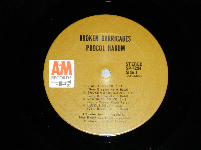 画像: PROCOL HARUM -  BROKEN BARRICADES ( Matrix # A) A&M SP 4487 RE-1 T1 / B) A&M SP 4488 RE-1 T2 ) (Ex+/Ex+++) / 1971 US AMERICA  ORIGINAL "BROWN LABEL" Used LP