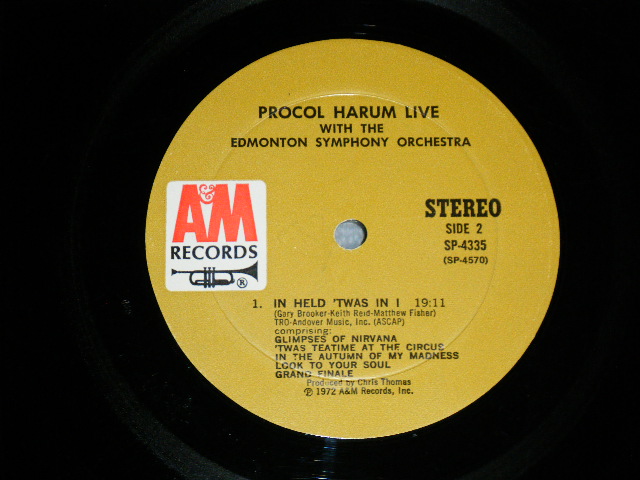 画像: PROCOL HARUM -  LIVE IN CONCERT with EDOMONTON SYMPHONEY ORCHESTRA  ( Matrix # A) A&M SP 4569-M2- 1X　△16921(5)  / B) A&M SP 4570-M2-EX-1 XA △16921-x (10))( Ex/Ex Looks:Ex / 1972  US AMERICA  "1st  Press BROWN Label" Used LP