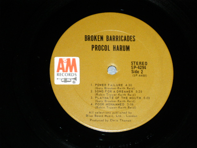画像: PROCOL HARUM -  BROKEN BARRICADES ( Matrix # A) A&M SP 4487 RE-1 T1 / B) A&M SP 4488 RE-1 T2 ) (Ex+/Ex+++) / 1971 US AMERICA  ORIGINAL "BROWN LABEL" Used LP