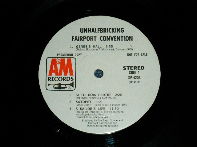 画像: FAIRPORT CONVENTION - UNHALFBRICKING  ( Matrix # A) A&M SP 4537 M1  △16331 (4) / B) A&M SP 4538 M1   △16331-x (4)  )(VG++/Ex++)  / 1969 US AMERICA ORIGINAL "1st Press "WHITE LABEL PROMO" Used  LP 