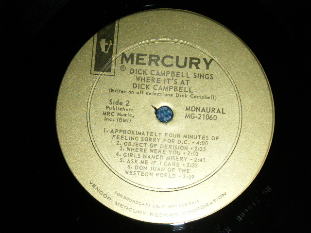画像: DICK CAMPBELL - SINGS WHERE IT'S AT  : With MIKE BLOOMFIED, PAUL BUTTERFIELD, ...( Ex++/Ex+++ )  / 1965 US AMERICA  ORIGINAL   "PROMO"   MONO Used  LP