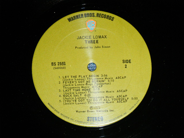 画像: JACKIE LOMAX - THREE :  With   SONG SHEET  ( Ex+++/MINT-) / 1972 US ORIGINAL 1st Press GREEN & "WB" Label Used  LP