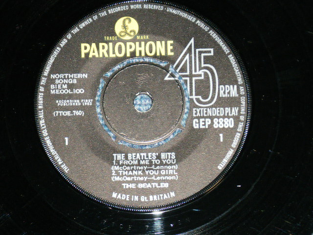 画像: THE BEATLES -　THE BEATLES' HITS (The PARLOPHONE Credt on Label Ring) ( Matrix # 2N/1N : #KT" on B-SIDE LABEL )  ( Ex++/Ex+++ Looks:Ex++) / 1963 UK ORIGINAL MONO Used 7"EP With PICTUER SLEEVE