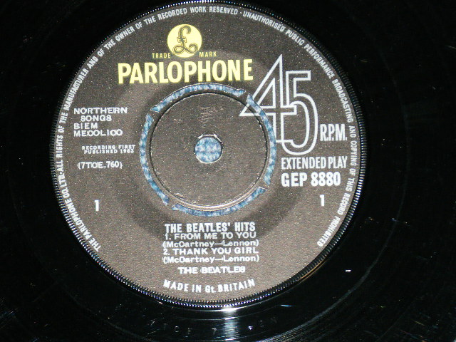 画像: THE BEATLES -　THE BEATLES' HITS (The PARLOPHONE Credt on Label Ring) ( Matrix # 2N/1N : #KT" on B-SIDE LABEL )  ( Ex++/Ex+++ Looks:Ex++) / 1963 UK ORIGINAL MONO Used 7"EP With PICTUER SLEEVE