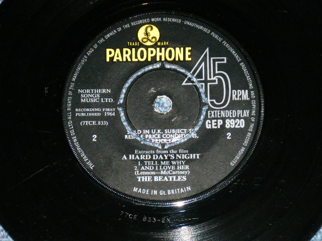 画像: THE BEATLES - A HARD DAYS NIGHT  (The PARLOPHONE Credt on Label Ring   ) ( Matrix # 1N/2N)  ( Ex+/Ex++ ) / 1964 UK ORIGINAL MONO Used 7"EP With PICTUER SLEEVE